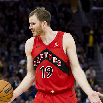 Mar 20, 2025; San Francisco, California, USA; Toronto Raptors center Jakob Poeltl (19) reacts during the fourth quarter against the Golden State Warriors at Chase Center. Mandatory Credit: John Hefti-Imagn Images