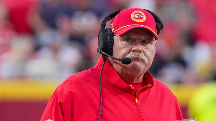 Aug 22, 2024; Kansas City, Missouri, USA; Kansas City Chiefs head coach Andy Reid watches play against the Chicago Bears during the first half at GEHA Field at Arrowhead Stadium. Mandatory Credit: Denny Medley-USA TODAY Sports