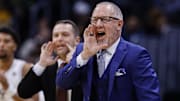 March 20, 2025; Denver, CO, USA; Texas A&M Aggies head coach Buzz Williams reacts during the first half against the Yale Bulldogs at Ball Arena. Mandatory Credit: Ron Chenoy-Imagn Images