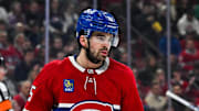Apr 14, 2025; Montreal, Quebec, CAN; Look on Montreal Canadiens center Alex Newhook (15) against the Chicago Blackhawks in the first period at Bell Centre. Mandatory Credit: David Kirouac-Imagn Images