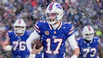 Dec 7, 2025; Orchard Park, New York, USA; Buffalo Bills quarterback Josh Allen (17) runs the ball for a touchdown in the fourth quarter against the Cincinnati Bengals at Highmark Stadium. Mandatory Credit: Gregory Fisher-Imagn Images