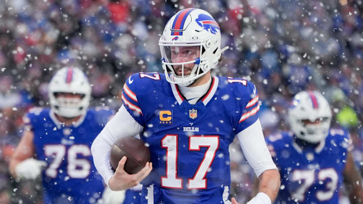 Dec 7, 2025; Orchard Park, New York, USA; Buffalo Bills quarterback Josh Allen (17) runs the ball for a touchdown in the fourth quarter against the Cincinnati Bengals at Highmark Stadium. Mandatory Credit: Gregory Fisher-Imagn Images