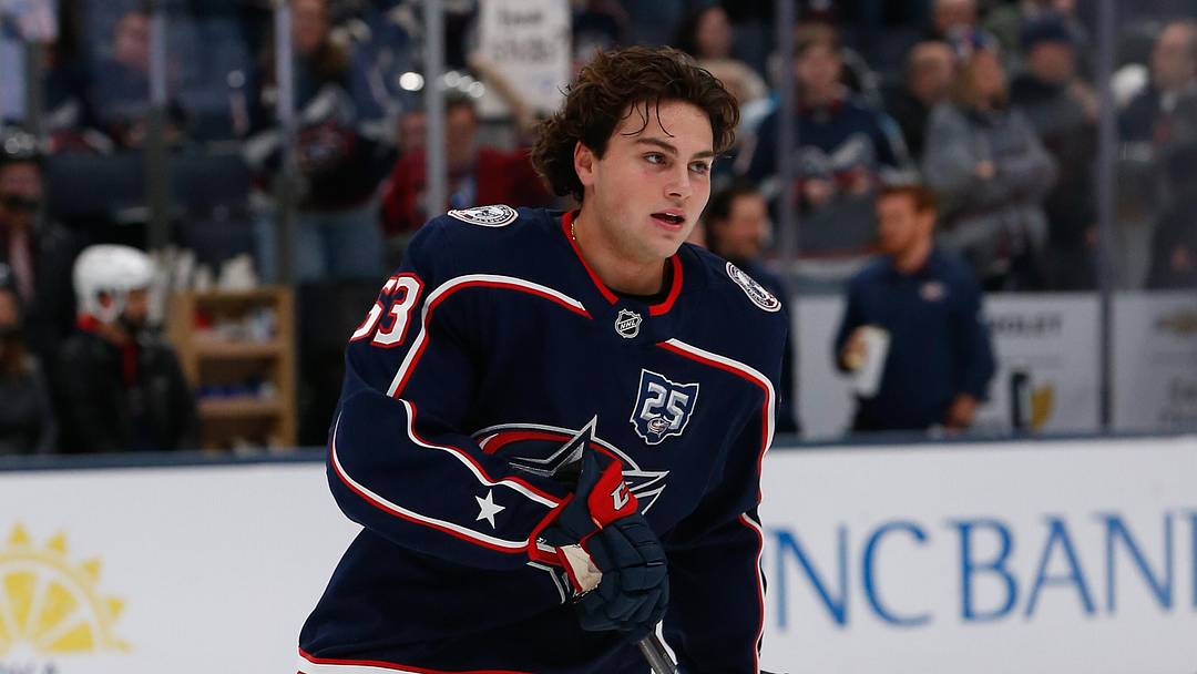 Luca Pinelli warms up at Nationwide Arena before a game against the Toronto Maple Leafs