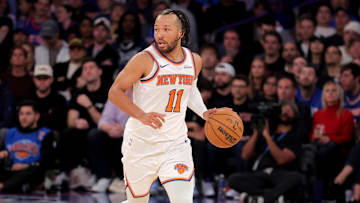 Nov 5, 2025; New York, New York, USA; New York Knicks guard Jalen Brunson (11) brings the ball up court against the Minnesota Timberwolves during the third quarter at Madison Square Garden. Mandatory Credit: Brad Penner-Imagn Images