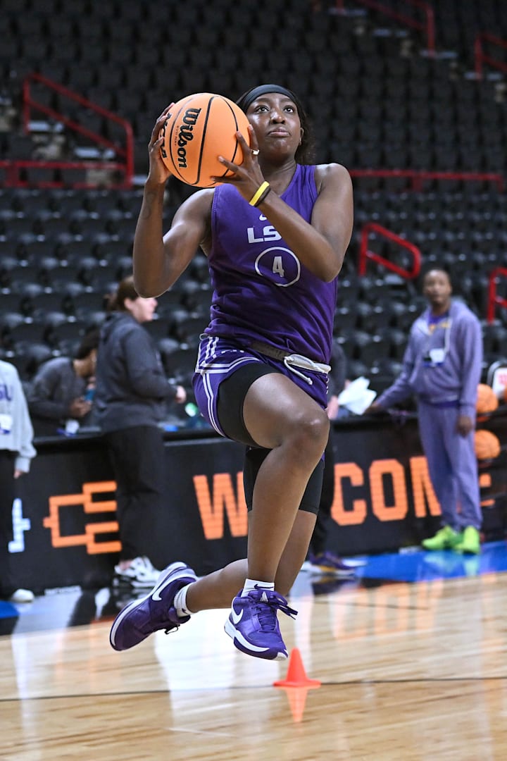 LSU Lady Tigers guard Flau'Jae Johnson shoots during an NCAA Tournament practice session. 