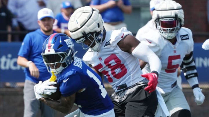 East Rutherford, NJ -- August 1, 2024 -- Wide receiver, Jalin Hyatt practicing today at training camp for the New York Giants.