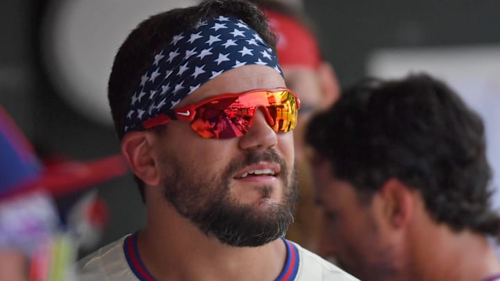 Jul 29, 2024; Philadelphia, Pennsylvania, USA; Philadelphia Phillies designated hitter Kyle Schwarber (12) in the dugout against the Cleveland Guardians at Citizens Bank Park