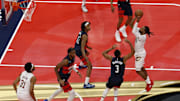 Nov 7, 2025; Washington, District of Columbia, USA; Cleveland Cavaliers guard Darius Garland (10) shoots the ball over Washington Wizards guard CJ McCollum (3) in the first half in an Emirates NBA Cup game at Capital One Arena. Mandatory Credit: Geoff Burke-Imagn Images