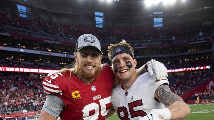 San Francisco 49ers tight end George Kittle (L) and Arizona Cardinals tight end Trey McBride (R)