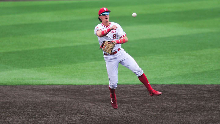 Indiana's Tyler Cerny (8) throws the ball during a NCAA Baseball Tournament Knoxville Regional game at Lindsey Nelson Stadium on Sunday, June 2, 2024 in Knoxville, Tenn.