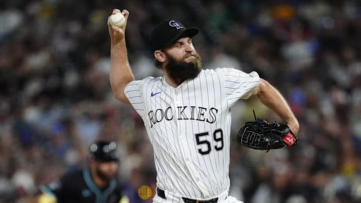 Jun 21, 2025; Denver, Colorado, USA; Colorado Rockies relief pitcher Jake Bird (59) delivers a pitch in the eighth inning against the Colorado Rockies at Coors Field. Jun 21, 2025; Denver, Colorado, USA; Colorado Rockies relief pitcher Jake Bird (59) delivers a pitch in the eighth inning against the Colorado Rockies at Coors Field.