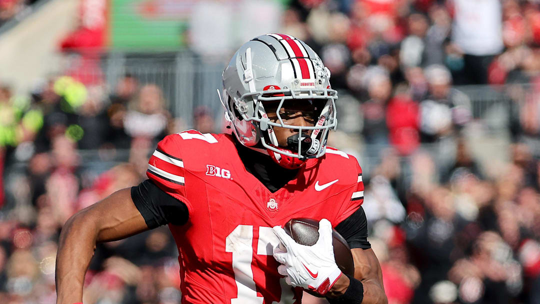 Nov 1, 2025; Columbus, Ohio, USA;  Ohio State Buckeyes wide receiver Carnell Tate (17) catches a long pass during the third quarter against the Penn State Nittany Lions at Ohio Stadium. Mandatory Credit: Joseph Maiorana-Imagn Images