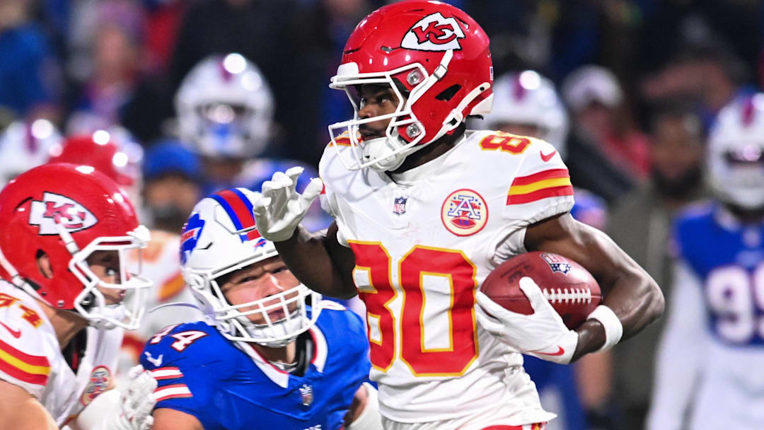 Nov 2, 2025; Orchard Park, New York, USA; Kansas City Chiefs wide receiver Tyquan Thornton (80) runs with the ball in the second quarter against the Buffalo Bills at Highmark Stadium. Mandatory Credit: Mark Konezny-Imagn Images