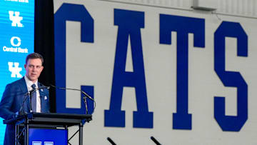New Kentucky Wildcat head coach Will Stein makes remarks as he is introduced at Kentucky on Wednesday, December 3, 2025