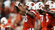 Louisville Cardinals defensive lineman Wesley Bailey (23) makes a heart after his sack against James Madison University in the Card's football game Friday September 5, 2025 at L&N Credit Union Stadium in Louisville, Kentucky.