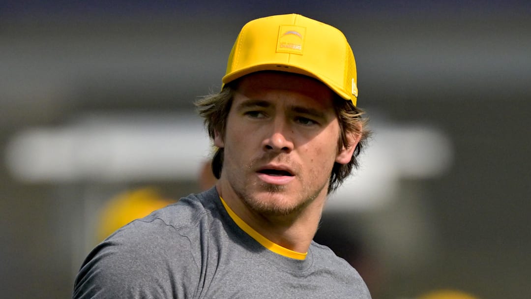 Oct 19, 2025; Inglewood, California, USA;  Los Angeles Chargers quarterback Justin Herbert (10) warms up prior to the game against the Indianapolis Colts at SoFi Stadium. Mandatory Credit: Jayne Kamin-Oncea-Imagn Images