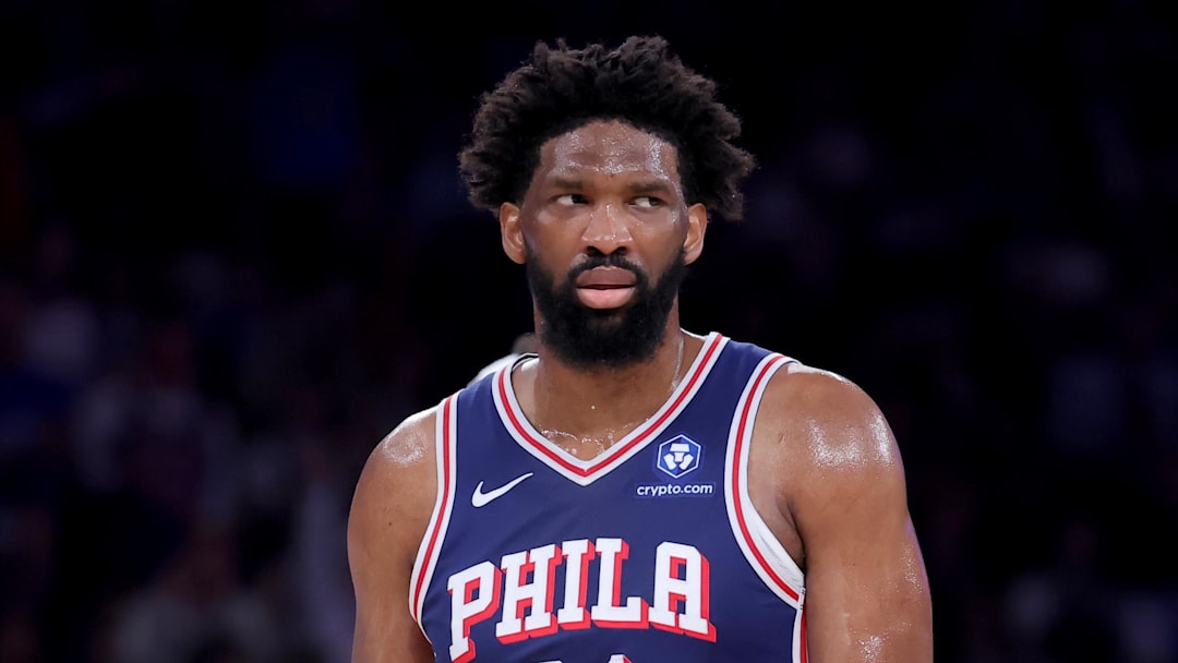May 4, 2026; New York, New York, USA; Philadelphia 76ers center Joel Embiid (21) reacts during the first quarter of game one of the eastern conference semifinal round of the 2026 NBA Playoffs against the New York Knicks at Madison Square Garden. Mandatory Credit: Brad Penner-Imagn Images