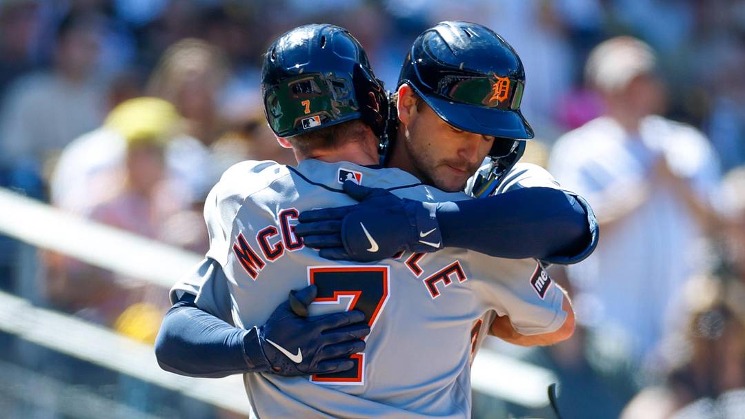 Mar 26, 2026; San Diego, California, USA; Detroit Tigers catcher Dillon Dingler (13) celebrates with third baseman Kevin McGonigle (7) after hitting a two-run home run during the fifth inning against the San Diego Padres at Petco Park. Mandatory Credit: David Frerker-Imagn Images