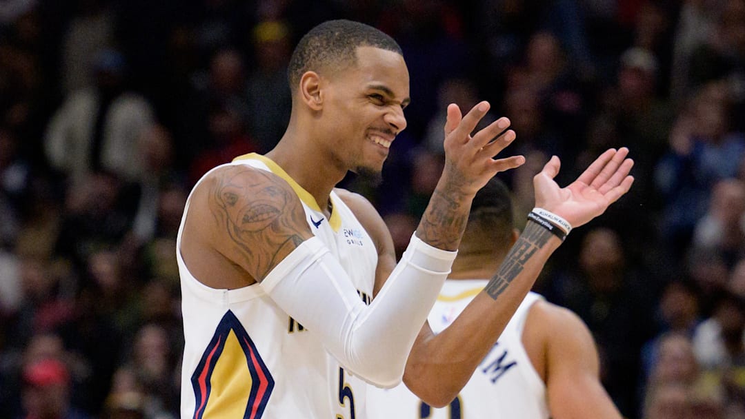 Jan 15, 2025; New Orleans, Louisiana, USA; New Orleans Pelicans guard Dejounte Murray (5) claps later in the fourth quarter against the Dallas Mavericks at Smoothie King Center. Mandatory Credit: Matthew Hinton-Imagn Images