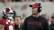 Nov 8, 2025; Tuscaloosa, Alabama, USA;  Alabama head coach Kalen DeBoer walks the sidelines in his black hoodie during the game with LSU at Saban Field at Bryant-Denny Stadium. Mandatory Credit: Gary Cosby Jr.-Imagn Images