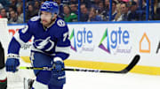 Jan 25, 2024; Tampa, Florida, USA; Tampa Bay Lightning left wing Conor Sheary (73) skates against the Arizona Coyotes during the first period at Amalie Arena. Mandatory Credit: Kim Klement Neitzel-Imagn Images