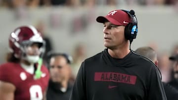 Alabama head coach Kalen DeBoer walks the sidelines in his black hoodie during the game with LSU at Saban Field at Bryant-Denny Stadium.