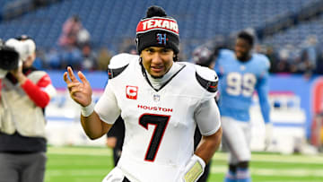 Jan 5, 2025; Nashville, Tennessee, USA;  Houston Texans quarterback C.J. Stroud (7) waves to the crowd against the Tennessee Titans during the second half at Nissan Stadium. Mandatory Credit: Steve Roberts-Imagn Images