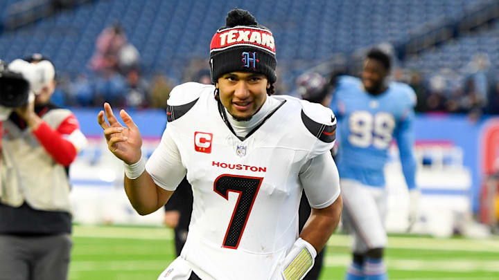 Jan 5, 2025; Nashville, Tennessee, USA; Houston Texans quarterback C.J. Stroud (7) waves to the crowd against the Tennessee Titans during the second half at Nissan Stadium. Mandatory Credit: Steve Roberts-Imagn Images Jan 5, 2025; Nashville, Tennessee, USA; Houston Texans quarterback C.J. Stroud (7) waves to the crowd against the Tennessee Titans during the second half at Nissan Stadium. Mandatory Credit: Steve Roberts-Imagn Images