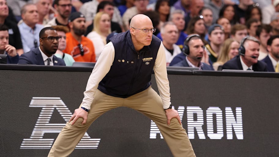 Akron Zips head coach John Groce in the first half against the Texas Tech Red Raiders during the 2026 NCAA tournament.