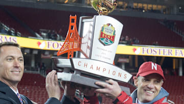 Dec 26, 2015; Santa Clara, CA, USA; Nebraska Cornhuskers head coach  Mike Riley celebrates their win over the UCLA Bruins in the Foster Farms Bowl at Levi's Stadium. The Huskers beat the Bruins 37 to 29. Credit: Neville E. Guard-Imagn Images