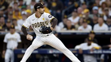 Oct 9, 2024; San Diego, California, USA; San Diego Padres pitcher Dylan Cease (84) throws in the first inning against the Los Angeles Dodgers during game four of the NLDS for the 2024 MLB Playoffs at Petco Park. Mandatory Credit: David Frerker-Imagn Images