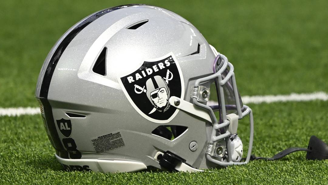 Oct 20, 2024; Inglewood, California, USA; Las Vegas Raiders helmet on the turn at SoFi Stadium during pregame warmups before an NFL game against the Los Angeles Rams. Mandatory Credit: Robert Hanashiro-Imagn Images