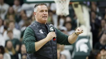 Michigan State Spartans head coach Pat Fitzgerald addresses fans during a men's basketball game against the Iowa Hawkeyes on Tuesday, Dec. 2, 2025, at the Breslin Center. Fitzgerald had been formally introduced earlier that day.