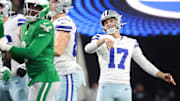 Dallas Cowboys kicker Brandon Aubrey reacts to a missed field goal in the third quarter against the Philadelphia Eagles.
