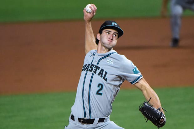 Coastal Carolina Chanticleer's Cameron Flukey (2) pitches against Auburn during NCAA Baseball Super Regional.