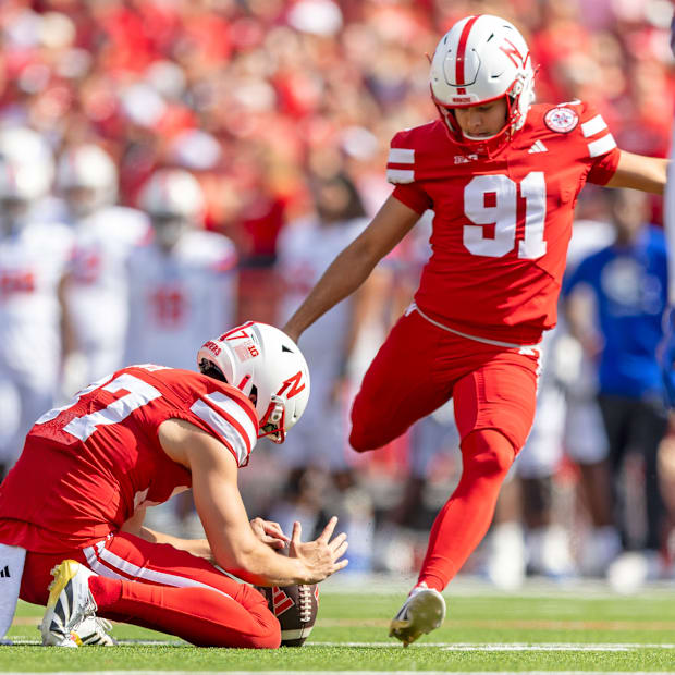 Nebraska place kicker Kyle Cunanan boots a 24-yard field goal against Houston Christian.
