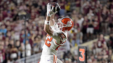 Oct 5, 2024; Tallahassee, Florida, USA; Clemson Tigers wide receiver Cole Turner (22) comes down with the ball against the Florida State Seminoles during the second half at Doak S. Campbell Stadium. Mandatory Credit: Melina Myers-Imagn Images