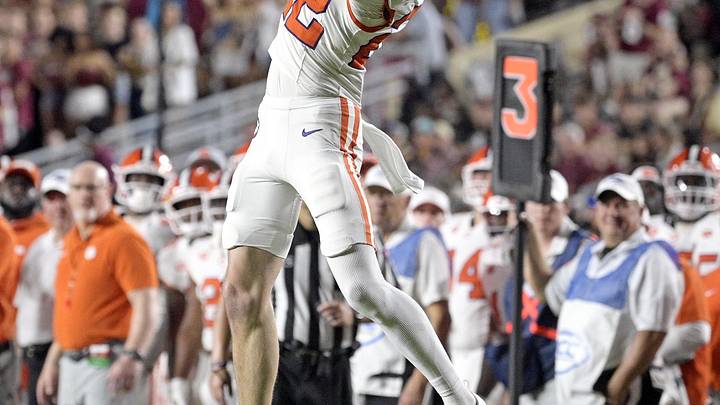 Oct 5, 2024; Tallahassee, Florida, USA; Clemson Tigers wide receiver Cole Turner (22) comes down with the ball against the Florida State Seminoles during the second half at Doak S. Campbell Stadium. Mandatory Credit: Melina Myers-Imagn Images
