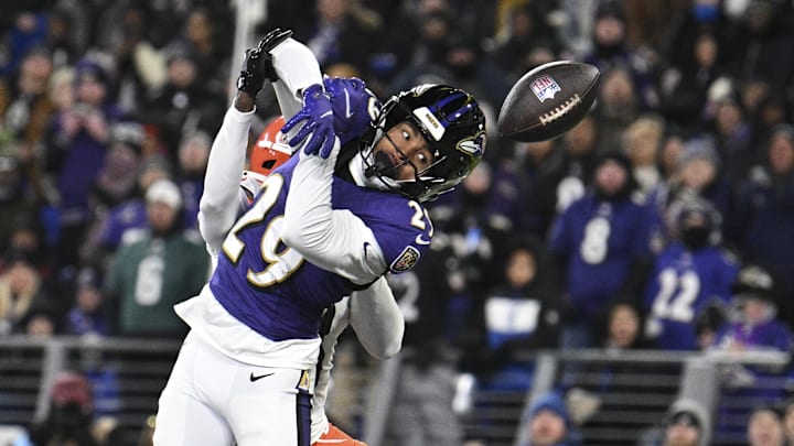 Baltimore Ravens safety Ar'Darius Washington breaks up a pass intended for Cleveland Browns wide receiver Jerry Jeudy. Baltimore Ravens safety Ar'Darius Washington breaks up a pass intended for Cleveland Browns wide receiver Jerry Jeudy.