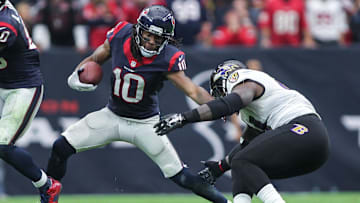 Dec 21, 2014; Houston, TX, USA; Houston Texans wide receiver DeAndre Hopkins (10) during the game against the Baltimore Ravens at NRG Stadium. Mandatory Credit: Troy Taormina-Imagn Images
