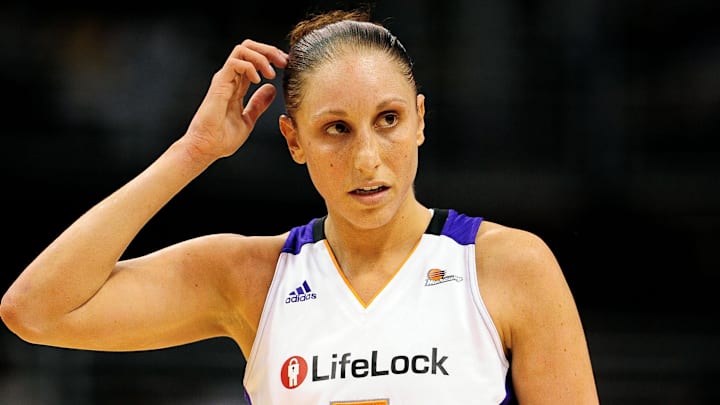 Sep 3, 2011; Phoenix, AZ, USA; Phoenix Mercury guard Diana Taurasi (3) reacts on the court while playing against the Los Angeles Sparks during the first half at the US Airways Center.  The Mercury defeated the Sparks 93-77. Mandatory Credit: Jennifer Stewart-Imagn Images