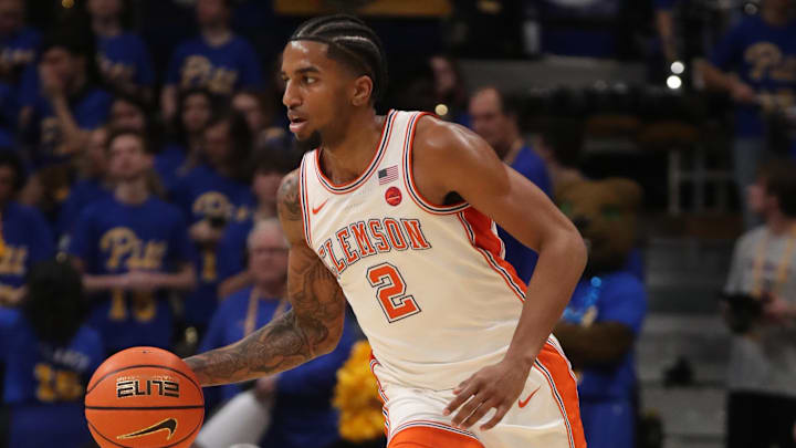 Jan 18, 2025; Pittsburgh, Pennsylvania, USA; Clemson Tigers Clemson Tigers guard Dillon Hunter (2) dribbles the ball against the Pittsburgh Panthers during the first half at the Petersen Events Center. Mandatory Credit: Charles LeClaire-Imagn Images