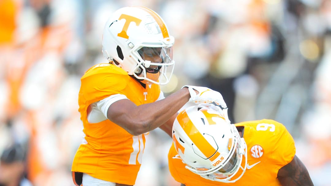 Tennessee wide receiver Squirrel White (10) celebrates Tennessee wide receiver Ramel Keyton (9) during a football game between Tennessee and Vanderbilt at Neyland Stadium in Knoxville, Tenn., on Saturday, Nov. 25, 2023.