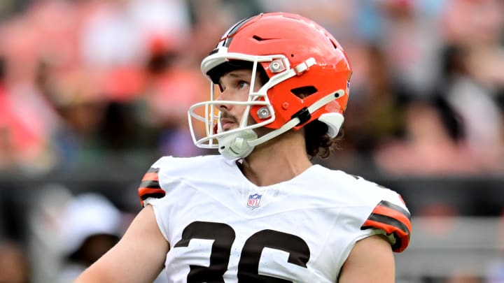 Aug 10, 2024; Cleveland, Ohio, USA; Cleveland Browns place kicker Cade York (36) during the game against the Green Bay Packers at Cleveland Browns Stadium. Mandatory Credit: Ken Blaze-USA TODAY Sports