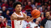Nov 7, 2025; Tucson, Arizona, USA; Arizona Wildcats guard Brayden Burries (5) passes the ball during the first half of the game against the Utah Tech Trailblazers at McKale Memorial Center. Mandatory Credit: Aryanna Frank-Imagn Images