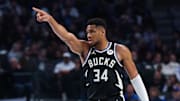 Nov 10, 2025; Dallas, Texas, USA;  Milwaukee Bucks forward Giannis Antetokounmpo (34) reacts against the Dallas Mavericks during the first quarter at American Airlines Center. Mandatory Credit: Kevin Jairaj-Imagn Images