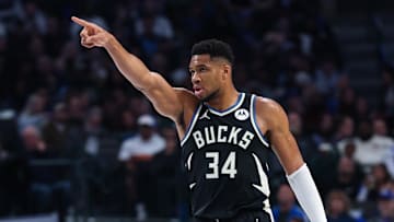 Nov 10, 2025; Dallas, Texas, USA;  Milwaukee Bucks forward Giannis Antetokounmpo (34) reacts against the Dallas Mavericks during the first quarter at American Airlines Center. Mandatory Credit: Kevin Jairaj-Imagn Images