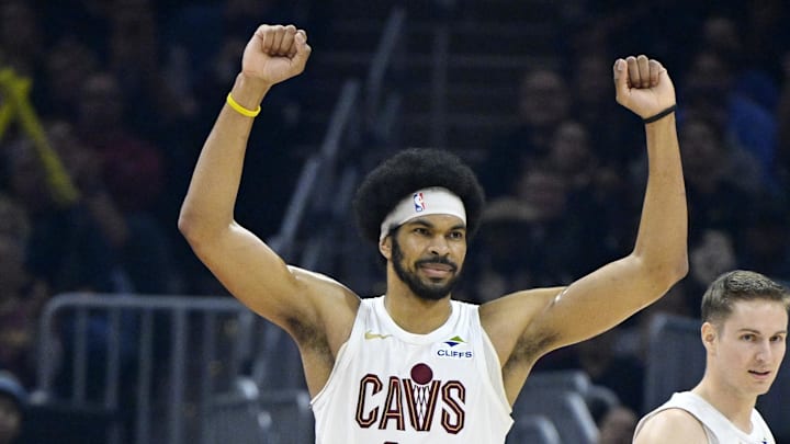 Apr 8, 2026; Cleveland, Ohio, USA; Cleveland Cavaliers center Jarrett Allen (31) celebrates beside guard Sam Merrill (5) in the third quarter against the Atlanta Hawks at Rocket Arena. Mandatory Credit: David Richard-Imagn Images