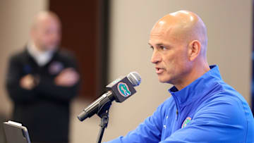 New Florida interim coach Billy Gonzales takes questions during a press conference about Billy Napier’s firing at Heavener Football Center in Gainesville, FL on Monday, October 20, 2025. Gonzales was the Wide Receivers coach for the team. [Alan Youngblood/Gainesville Sun]