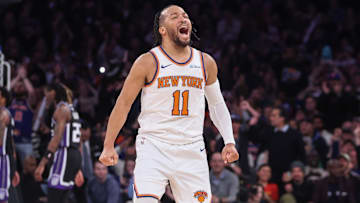 Jan 25, 2025; New York, New York, USA;  New York Knicks guard Jalen Brunson (11) celebrates during a timeout called by the Sacramento Kings in the third quarter at Madison Square Garden. Mandatory Credit: Wendell Cruz-Imagn Images